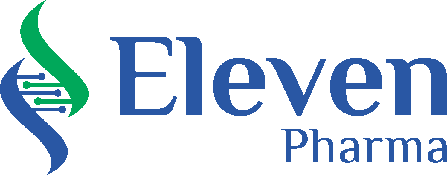 Logo da Eleven Pharma na cor original: azul e verde